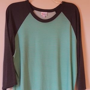 2X LuLaRoe Randy, Turquoise striped w/gray sleeves